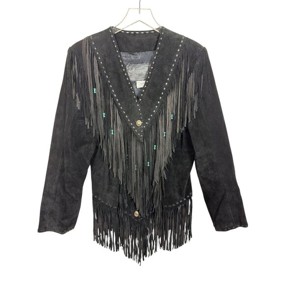 Ranch Du Cuir Jackets & Blazers - Vintage Womens Genuine Leather Black Fringe Jacket With Turquoise Bead Accents S